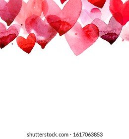 Watercolor header with pink and red hearts. Valentine's day border. Cute symbols love border on white paper with space for text. Happy mothers day, festive greeting card.