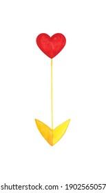 Watercolor Heart Arrow Clip Art Isolated On White Background. Red Heart And Yellow Tip Hand Drawn Illustration. Valentine's Day Decoration. 