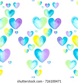 Watercolor Heart Pattern. Color: Lavender, Yellow, Blue Hearts On White Background