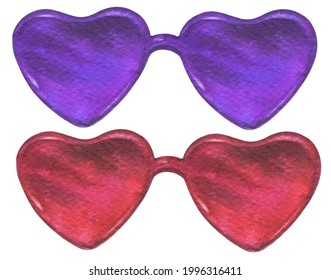 Watercolor Heart Shaped Red And Violet Sunglasses On White Background