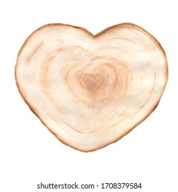 Watercolor Heart Wood Slice Illustration. Hand Painted Wedding Wooden Decoration. Card Template.