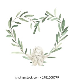 Watercolor heart wreaths with angel. Wedding invitation. Save the date. Watercolor eucalyptus wreath. Card and logo design. - Powered by Shutterstock