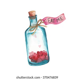Watercolor hearts in bottle and note "Eat Me"
