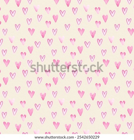 Watercolor hearts pattern. Repeating texture. Pattern of random hearts shape confetti. Design element for festive banner, greeting card, postcard, wedding invitation.