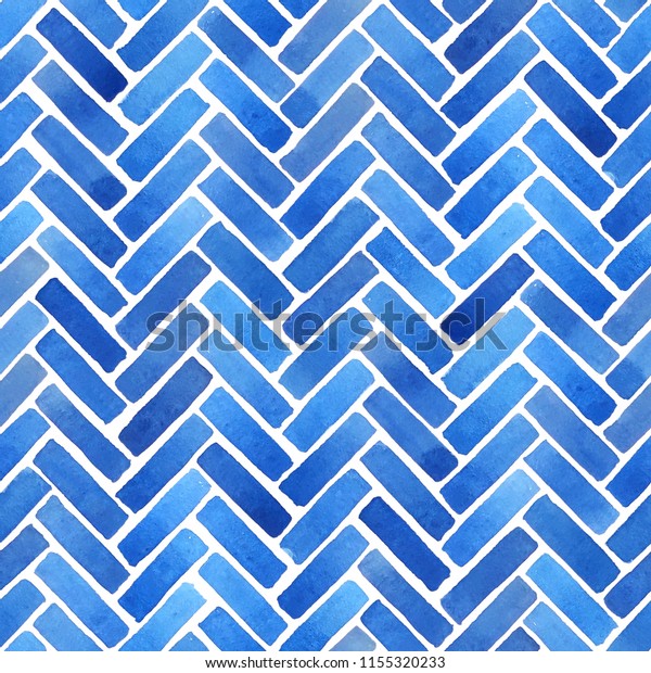 Watercolor herringbone motif in blue. Hand painted geometric seamless pattern