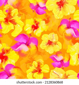 Watercolor Hibiscus On A Sunny Yellow Background. Floral Seamless Pattern. Tropical Yellow And Pink Flowers. Exotic Colorful Print