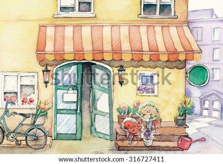 Watercolor High Definition Illustration: Street Flower Shop. Fantastic Cartoon Style Scene Wallpaper Background Design with Story.

