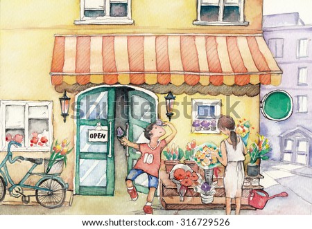 Watercolor High Definition Illustration: What a beautiful day! The young man feels happy in front of a flower shop. Fantastic Cartoon Style Scene Wallpaper Background Design with Story.