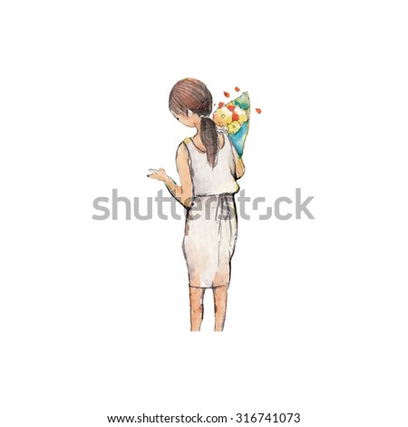 Watercolor High Definition Illustration: The Woman with Flower. Fantastic Cartoon Style Character Design with Story.