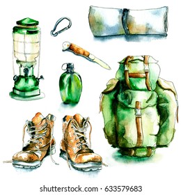 Watercolor hiking travel set. Sketch of hiking boots, backpack, knife, lamp, mat, water bottle / Hand-drawn Watercolor and ink illustration isolated on white background
