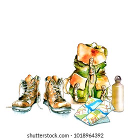 watercolor hiking walking travel set / hiking boots, map, water bottle / Hand-drawn watercolor and ink illustration isolated on white background