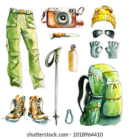 watercolor hiking walking travel set / hiking boots, camera, glasses, hat, hiking trousers, walking stick, knife, water bottle, walking gloves, camping backpack / isolated 