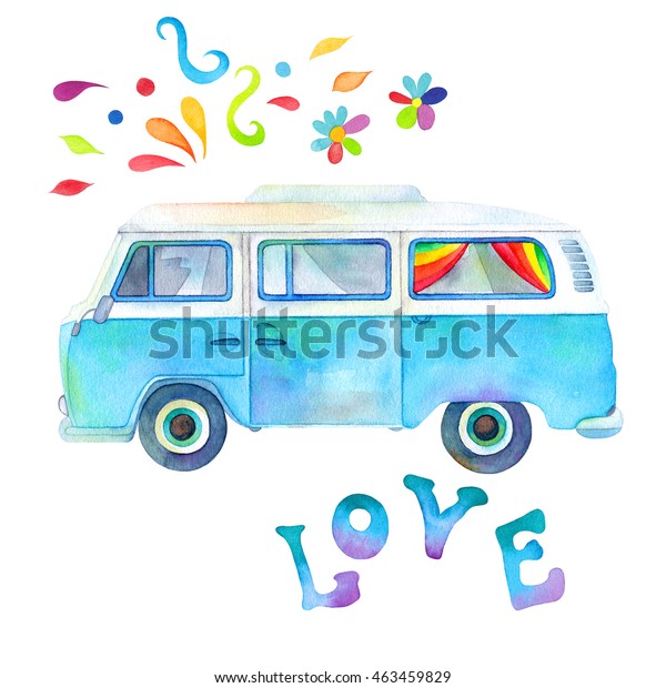 Watercolor hippie colorful retro bus,\
psychedelic flowers. Surfing\
adventure