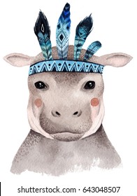 Watercolor Hippo Portrait, Cute Boho Design With Feathers. Nursery Prints With Animals , Posters And Postcards.