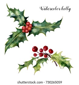 Watercolor Holly Set. Hand Painted Holly Branch With Red Berry Isolated On White Background. Christmas Botanical Clip Art For Design Or Print. Holiday Plant