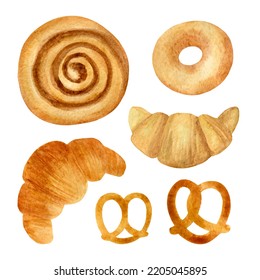 Watercolor home made pastry set isolated on white background. Hand-drawn sweet cinnamon rolls and croissants. Cozy Swedish fika clipart. Cute  coffee break food collection - Powered by Shutterstock