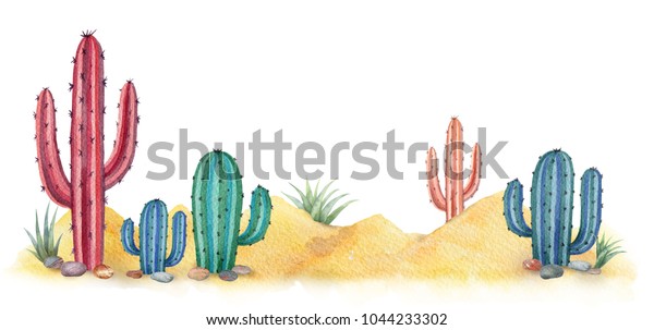 砂漠とサボテンの風景の水平な背景に水色 旅行や観光用の高品質イラスト のイラスト素材