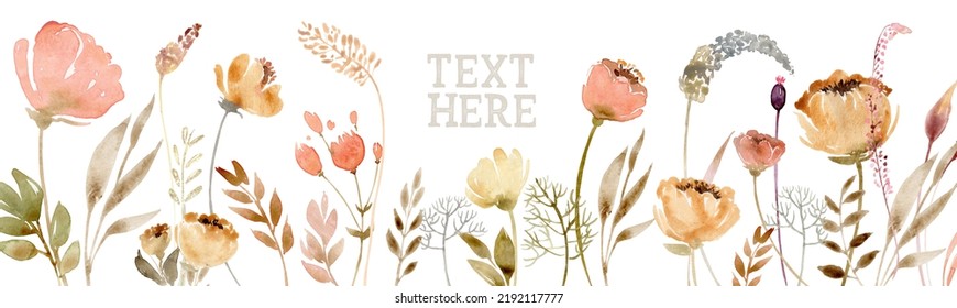 Watercolor Horizontal Banner With Wild Field Flowers And Plants In Pastel Colors. Wild Autumn Flowers Border. Modern Minimalist Poster, Greeting Card, Header For Website