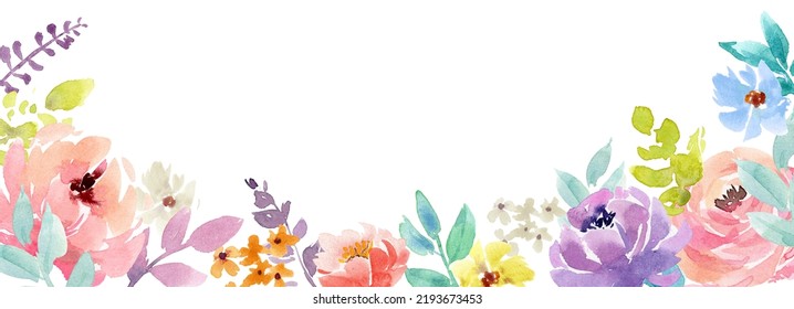 Watercolor horizontal border with the bright rose flowers in Boho style. Watercolor Frame of the flowers border. Modern minimal poster, greeting card, header for website - Powered by Shutterstock