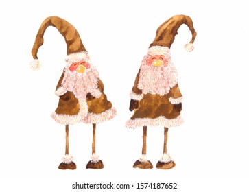 watercolor horizontal illustration of 2 funny brown Santa Claus with big beard, red cheeks and telescopic legs sticks with hats hanging to the side. Christmas card with fairy tale characters - Powered by Shutterstock