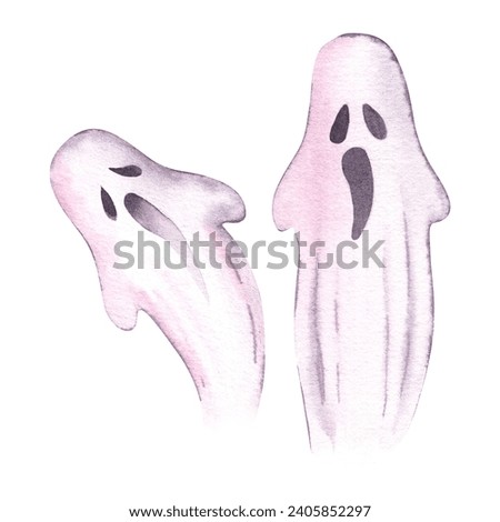 Watercolor horror ghosts. Hand drawn painting illustration isolated on white background. For print on flyer, invitation, poster, textiles