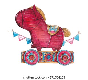 Watercolor horse, toy on wheels. Christmas, birthday, children's party, childhood, magic, circus, vintage toys. - Powered by Shutterstock