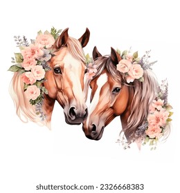 watercolor horses and flowers  Cute horses and love  Watercolor illustration isolated white background 