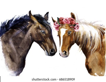 watercolor horses with flowers. Cute horses with love
