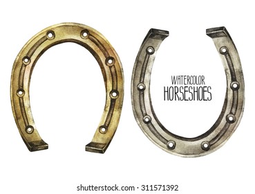 Watercolor horseshoes in golden and silver colors. Talisman for good luck. Decorations for Saint Patrick's Day. Design elements isolated on white background