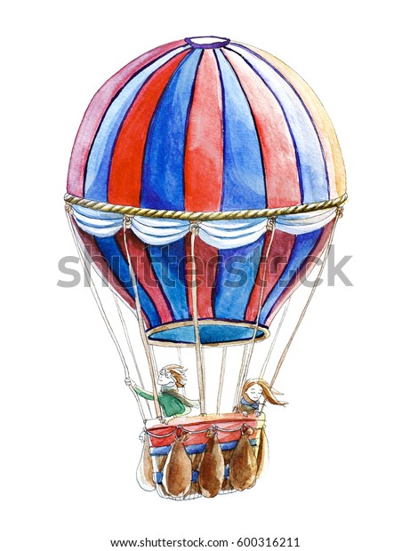 白い背景に水色の熱風船イラスト 人間が空を飛ぶ手描きのビンテージ風船 子供向けの漫画雑誌のロマンチックなレトロ画像 のイラスト素材