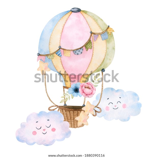 Watercolor\
hot air balloon with peonies and beautiful flowers, twigs with pink\
and green leaves, fabric stars and sleeping clouds for design.\
Everything is hand-painted, high\
definition