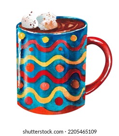 Watercolor Hot Chocolate. Coffee With Marshmallows In A Colorful Mug On A White Background.