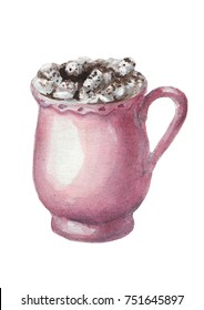 Watercolor Hot Chocolate And Marshmallows In Retro Cup 