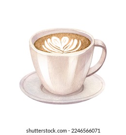 Watercolor hot coffee latte cappuccino with froth, decorated with heart of milk. Hand-drawn illustration isolated on white background. Perfect food menu, concept for cafe, restaurant element - Powered by Shutterstock