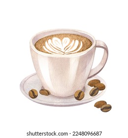 Watercolor hot coffee latte cappuccino with froth, decorated with heart of milk. Hand-drawn illustration isolated on white background. Perfect food menu, concept for cafe, restaurant element - Powered by Shutterstock