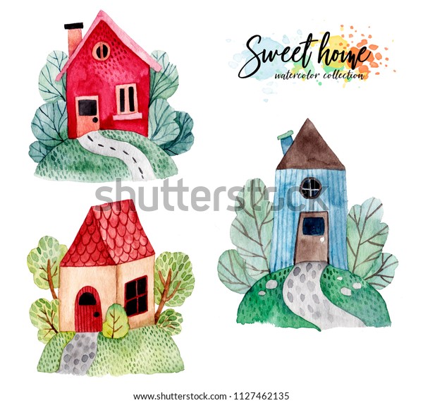 水彩の家と木と草 ヨーロッパ風の家 手描きの水彩イラスト のイラスト素材