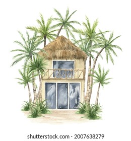 Watercolor House, Trees, Palm Tree. Hand-draw Illustration Isolated On White Background. Logo Summer Bungalow, Villa, Cottage. Perfect For Cards, Logo, Posters, Textile And Wedding Design, Stickers.