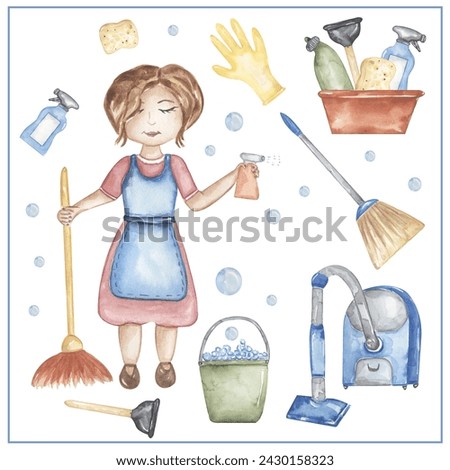 Watercolor housekeeper clipart, hand drawn illustration. Housekeeper working, kids school card clip art, educational, cute children graphics with professions.