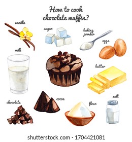 Watercolor "How to cook chocolate muffin" hand drawn illustration isolated on white background. Recipe and ingredients. - Powered by Shutterstock