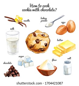 Watercolor "How to cook cookie with chocolate chips" hand drawn illustration isolated on white background. Recipe and ingredients. - Powered by Shutterstock