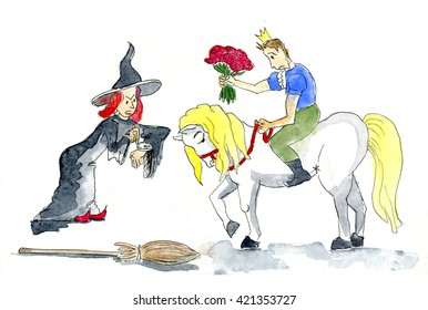 watercolor humor illustration with witch and price on white horse about delay