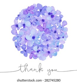 Watercolor Hydrangea Flower Ball With Thank You Calligraphy Text.