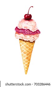 Watercolor Ice Cream With Cherry In Waffle Cone On White Background