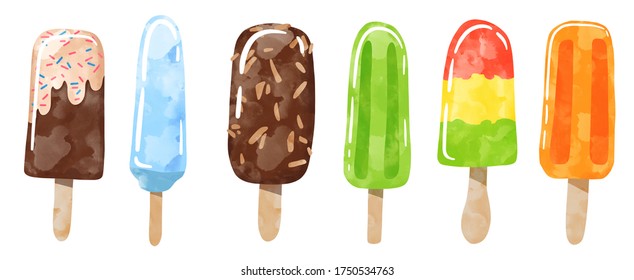 Watercolor ice cream, ice lolly and eskimo pie on a stick with nuts isolated on white set, watercolor illustration. Hand drawn bright summer clip art collection.