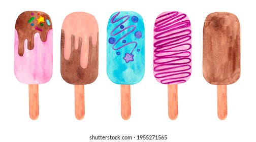 Watercolor Ice Cream, Ice Lolly And Eskimo Pie On A Stick Isolated On White Set, Watercolor Illustration. Hand Drawn Bright Summer Clip Art Collection.