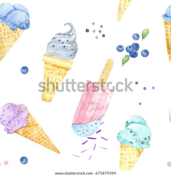 白い背景に水色のアイスクリーム 夏のデザート シームレスなパターン のイラスト素材
