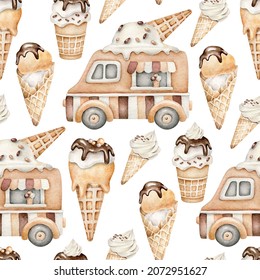 Watercolor ice cream pattern.Chocolate ice creame.Ice cream wagon.Kids summer pattern