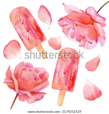 Watercolor ice cream and pink roses. Pink popsicles on a stick and rose buds with petals on a white background.
