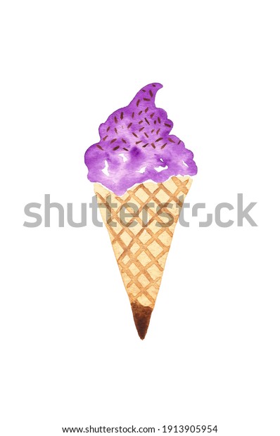 Watercolor ice cream in waffle cone for\
greeting cards, posters, recipe, culinary\
design.