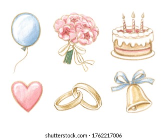 Watercolor Icons: Balloon, Bouquet, Cake, Heart, Wedding Rings, Bell. Set Of Elements For Scrapbooking, Stickers, Design.